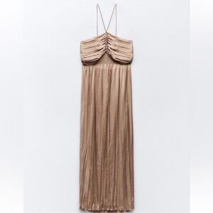 Zara Satin Effect Taupe Maxi Dress with Pleated & cut out details size S NWT